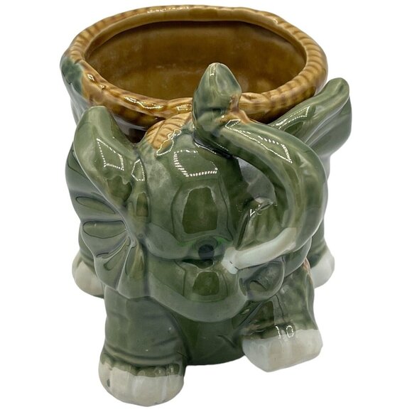 Green Elephant Planter Lucky Trunk Up Ceramic with Basket Tropical 5" x 4" - Picture 2 of 8